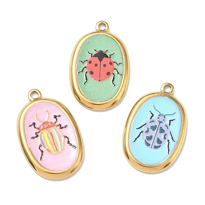 304 нержавеющей стальной эмали подвески, овал с подвесками в виде насекомых, ионное покрытие (ip), реальный 18 k позолоченный