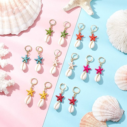 Серьги-кольца из искусственной бирюзы в виде морской звезды, с оболочкой