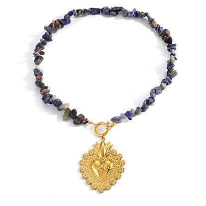 304 Кулон в виде священного сердца из нержавеющей стали, бусы из натурального содалита для женщин