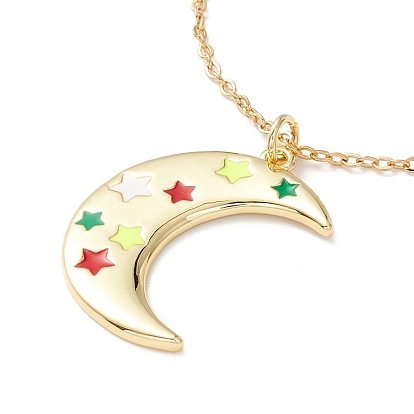 Enamel Crescent Moon with Star Pendant Necklace, 304 Stainless Steel Jewelry for Women, Golden