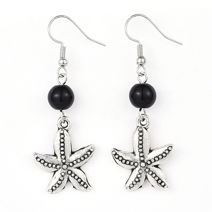 Alloy Dangle Earrings, with Glass Beads and Brass Earring Hooks, Starfish/Sea Stars