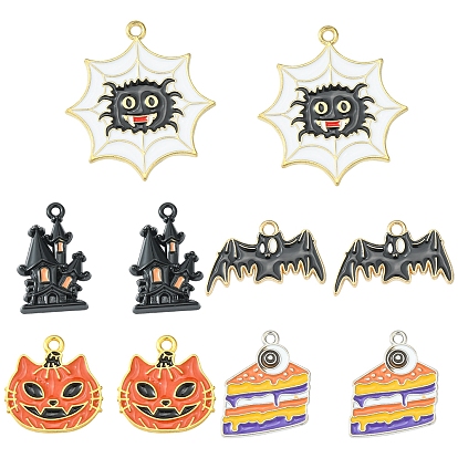 12Pcs 6 Style Halloween Theme Alloy Enamel Pendants, Bat & Spider & Pumpkin & Cake