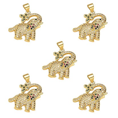 5Pcs Rack Plating Brass Micro Pave Cubic Zirconia Pendants, Cadmium Free & Lead Free, Elephant