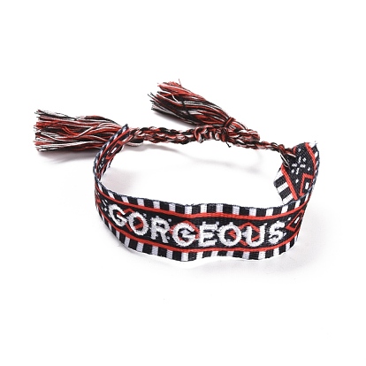 Word Gorgeous Polycotton(Polyester Cotton) Braided Bracelet with Tassel Charm, Flat Adjustable Wide Wristband for Couple