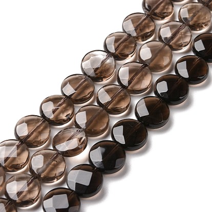 Natural Smoky Quartz Beads Strands, Flat Round, Faceted