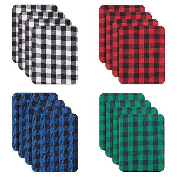 32Pcs 4 Colors Polyester Iron on Cloth Patches, Appliques, Rectangle with Tartan