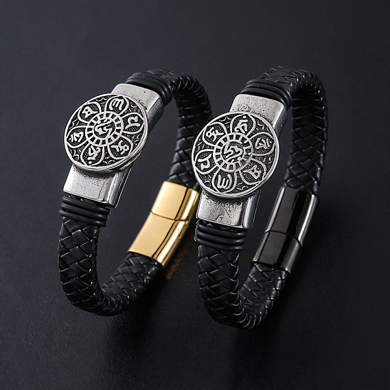 Браслеты из плетеного шнура из искусственной кожи в стиле панк, 304 браслеты с круглыми подвесками из нержавеющей стали для мужчин, с магнитной застежкой