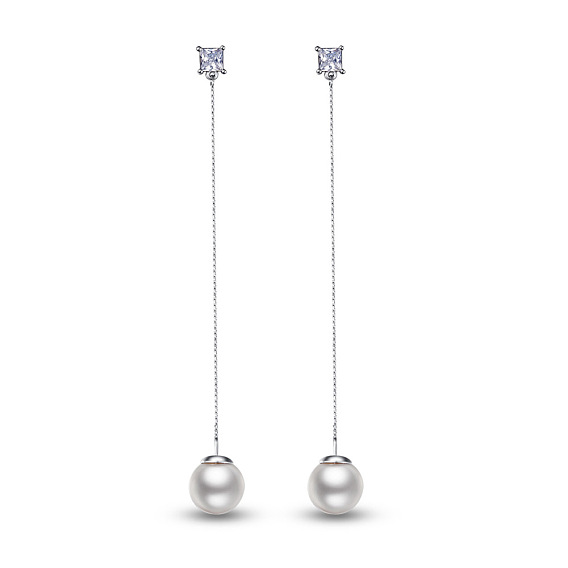 SHEGRACE Chic Rhodium Plated 925 Sterling Silver Dangle Ear Threads, with AAA Cubic Zirconia and Shell Pearl, 175mm, Pin: 0.7mm