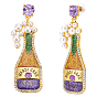 1 пара серег-гвоздиков с подвесками в виде бутылок шампанского и вина из цинкового сплава с блестками на карнавальную тематику, длинные серьги-капли с пластиковыми жемчужными бусинами