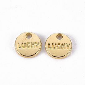Rack Plating Alloy Charms, Cadmium Free & Lead Free, Flat Round with Word Lucky