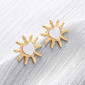 304 серьги-гвоздики из натуральной белой ракушки из нержавеющей стали, солнце с сердечками, ионное покрытие (ip)