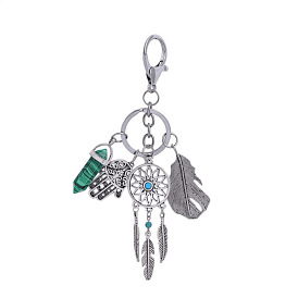 Alloy & Synthetic & Natural Gemstone Pendant Keychain, with Iron Key Ring, Woven Net/Web with Feather & Bullet & Hamsa Hand