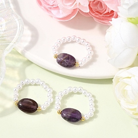 Кольца-растяжки из натурального аметиста для женщин, овальные, с абс пластмассовой имитационной жемчужиной