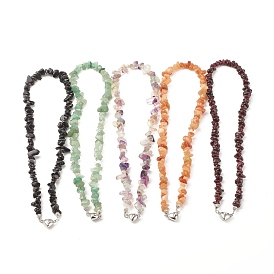 Natural Stone Chips Beaded Necklace with Heart Alloy Magnetic Clasps, Gemstone Jewelry for Women