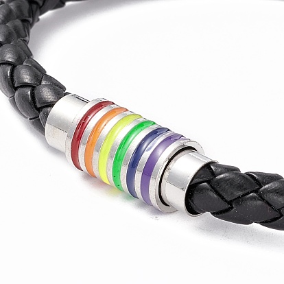 Rainbow Pride Bracelet, PU Leather Braided Cord Bracelet with Enamel Magnetic Clasps for Men Women