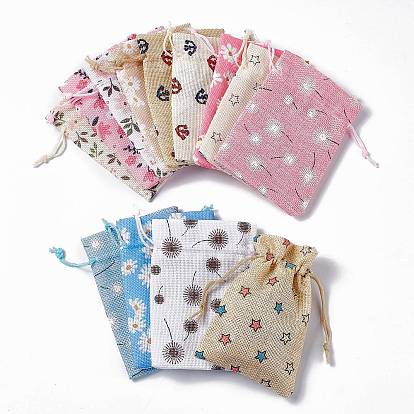 Burlap Packing Pouches Drawstring Bags, Rectangle with Chrysanthemum/Dandelion/Anchor/Flower/Star Pattern