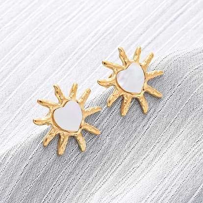 304 серьги-гвоздики из натуральной белой ракушки из нержавеющей стали, солнце с сердечками, ионное покрытие (ip)
