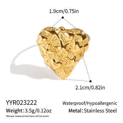 Adjustable 304 Stainless Steel Textured Love Heart Cuff Rings for Women
