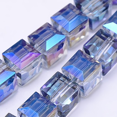 Perles de cube de verre à moitié plaqué brins, facette, 10x10x10mm, Trou: 1mm, Environ 79 pcs/chapelet, 30.7 pouce