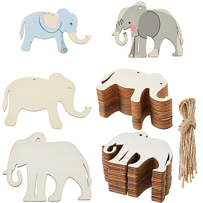 40Pcs Unfinished Blank Wooden Elephant Pendants Set for Painting Arts, Pyrography, Home Decor, with Jute Cord
