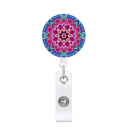 ABS Plastic Retractable Badge Reels, Card Holders, with Platinum Clips, ID Badge Holder for Nurses, Flat Round with Mandala Pattern