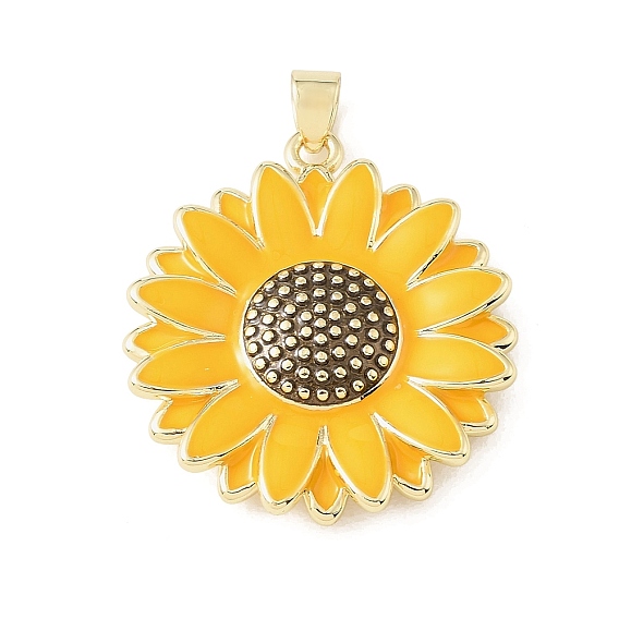 Brass Enamel Pendants, Sunflower Charm, Rack Plating, Long-Lasting Plated, Lead Free & Cadmium Free