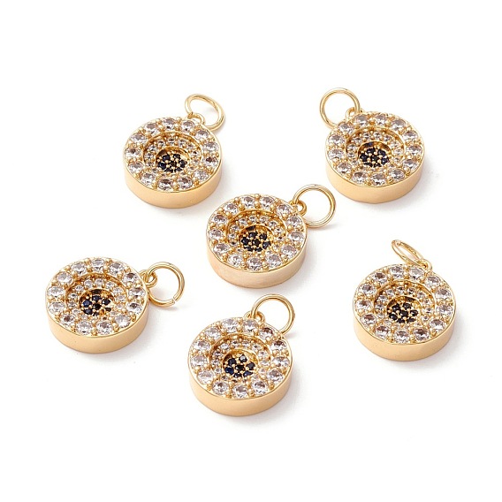 Brass Micro Pave Cubic Zirconia Charms, with Jump Ring, Long-Lasting Plated, Lead Free & Cadmium Free & Nickel Free, Flat Round