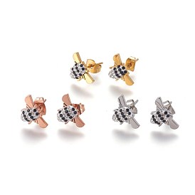 304 Stainless Steel Stud Earrings, Asymmetrical Earrings, with Enamel and Rhinestone, Bees