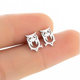Fashion Stainless Steel Hollow Cute Animal Earrings - Owl Ear Studs, Trendy, Elegant.