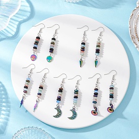 5 пары стеклянных подвесных серег, с латунными крючками для сережек и 304 подвесками из сплава и нержавеющей стали, разнообразные