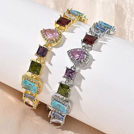 Браслеты-цепочки с прямоугольными, квадратными и каплевидными звеньями из латуни с разноцветными кубическими циркониями и микропаве для женщин, стойки покрытие, долговечный, без кадмия и без свинца