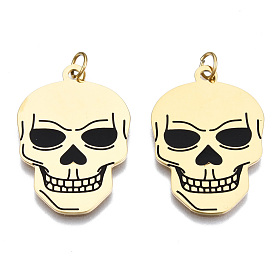 316 Surgical Stainless Steel Enamel Pendants, with Jump Rings, Skull, Black
