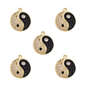 5Pcs Rack Plating Brass Micro Pave Clear & Black Cubic Zirconia Pendants, Long-Lasting Plated, Cadmium Free & Lead Free, Flat Round with YinYang