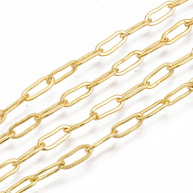 Brass Paperclip Chains, Flat Oval, Drawn Elongated Cable Chains, Soldered, with Spool, Cadmium Free & Lead Free