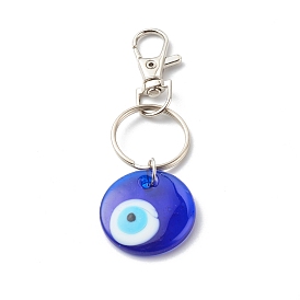 Handmade Lampwork Evil Eye Keychain, with Platinum Alloy Split Key Rings, Flat Round