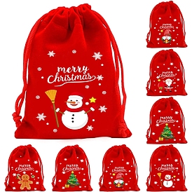 Christmas Velvet Printed Jewelry Packing Pouches, Drawstring Bags, with Nylon Cord