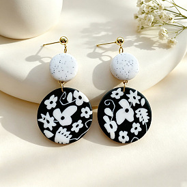 Handmade Polymer Clay & 304 Stainless Steel Stud Dangle Earrings, Flat Round with Flower Pattern, Golden