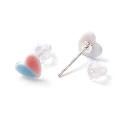 Two Tone Heart Resin Stud Earrings Set for Girl Women, with 925 Sterling Silver Plated Pins