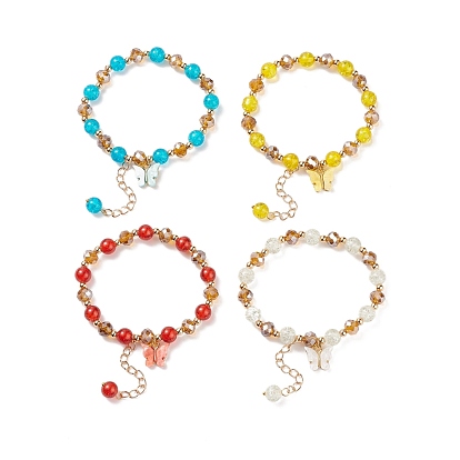 Round Glass Beaded Stretch Bracelet with Alloy Butterfly Charm for Women