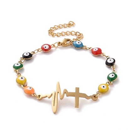 Вакуумное покрытие pvd 304 браслет из нержавеющей стали с сердечком и поперечными связями, красочный эмалевый браслет с цепями от сглаза для женщин