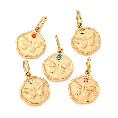 304 из нержавеющей стали горный хрусталь подвески, ионное покрытие (ip), реальный 14 k позолоченный, плоский круглый с подвеской в виде бабочки