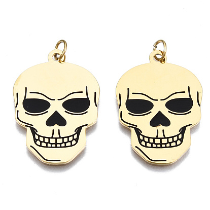 316 Surgical Stainless Steel Enamel Pendants, with Jump Rings, Skull, Black