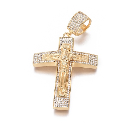 Ion Plating(IP) 304 Stainless Steel Big Pendants, with Rhinestone, Easter, Crucifix Cross