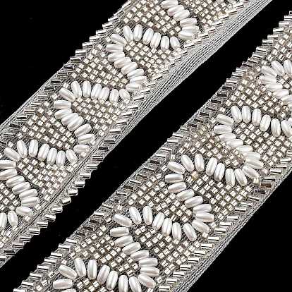 Polyester Wave Lace Trims, with ABS Imitation Pearl Beads and Glass