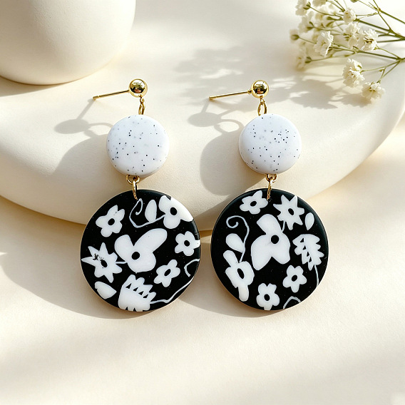 Handmade Polymer Clay & 304 Stainless Steel Stud Dangle Earrings, Flat Round with Flower Pattern, Golden