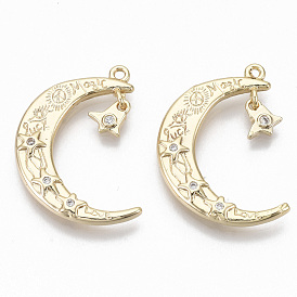 Brass Micro Pave Cubic Zirconia Pendants, Moon with Star & Bell, Nickel Free, Clear