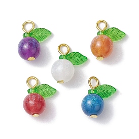 Imitation Cat Eye Resin Round Penants, Fruit Charms with Acrylic Leaf & Alloy Loops, Mixed Color