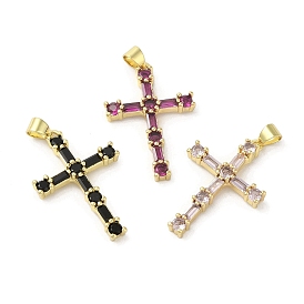 Rack Plating Brass Micro Pave Cubic Zirconia Pendants, Cross, Real 18K Gold Plated, Long-Lasting Plated, Cadmium Free & Lead Free