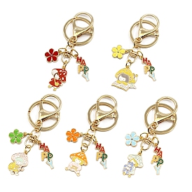 Alloy Enamel Pendants Keychain, with Alloy Key Rings & Lobster Claw Clasps, Flower & Word Happy & Mushroom Girl