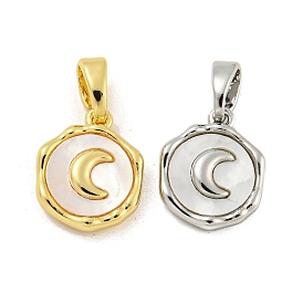 Brass Pave Shell Charms, Flat Round with Moon Charm